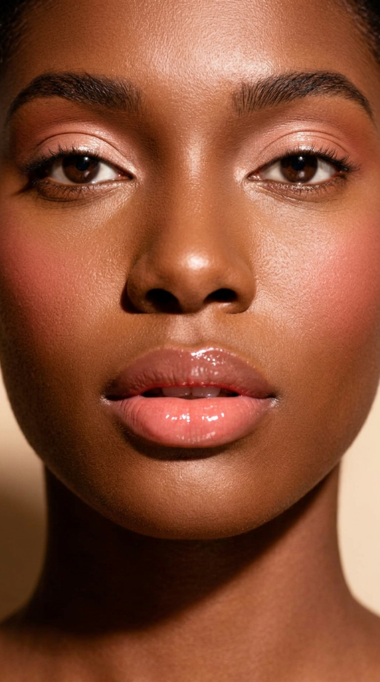 Model with soft glossy lips wearing L'Mour Cosmetics